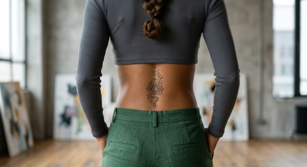 Tiny Serpent & Vine Mandala Chakra Ornamental Lower Back Tattoo