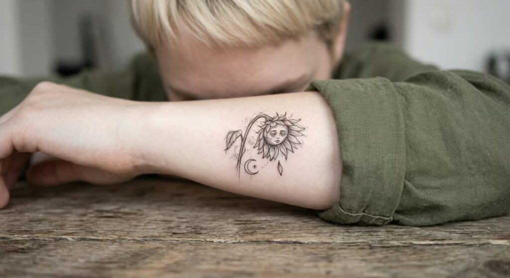 Forearm Wilting Sunflower Tattoo Design for Women