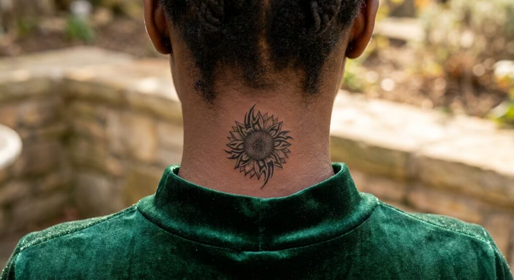 8. Nape Tribal Sunflower Tattoo Design for Women