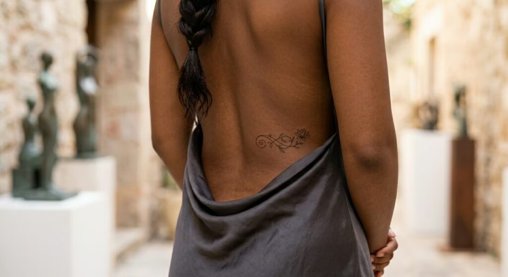 Unalome Path Delicate Vines Ornamental Lower Back Tattoo