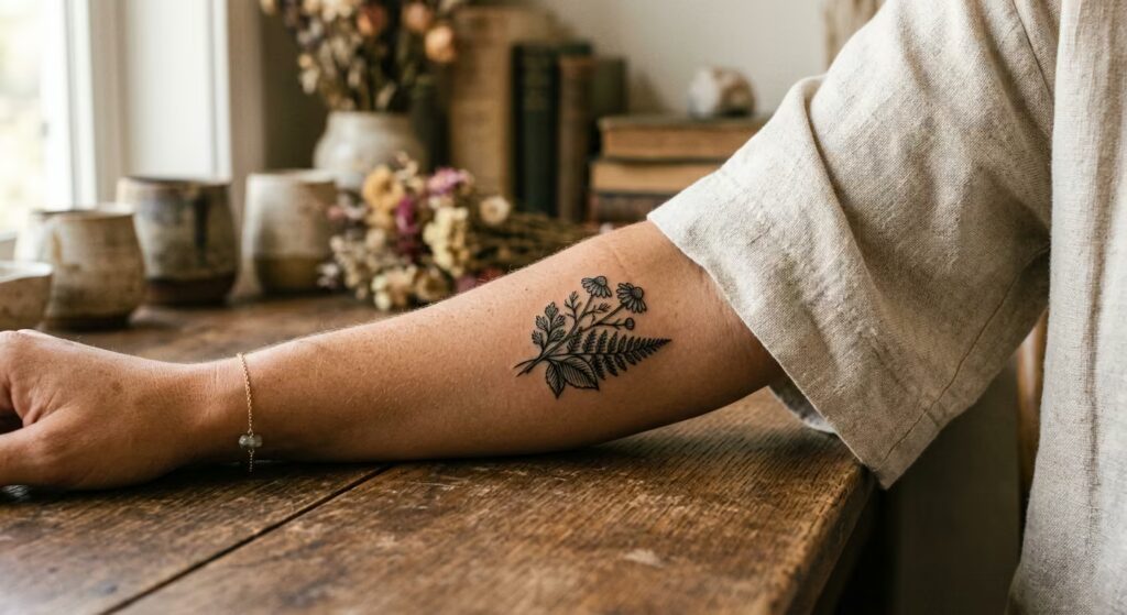 Woodcut Style Pressed Flower Floral Forearm Tattoos for Women