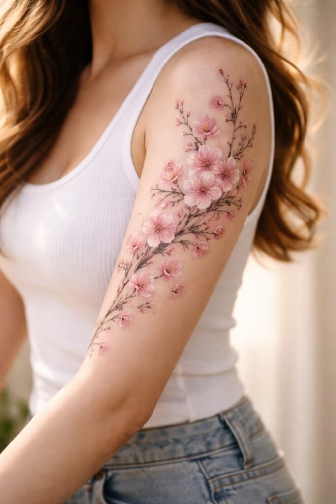 Cherry Blossom Half Sleeve Deep Meaning Tattoo