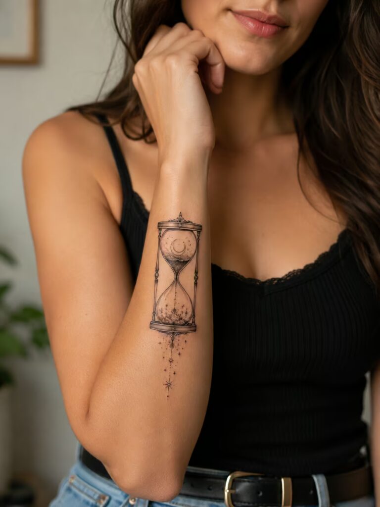 Hourglass with Falling Stars Deep Meaning Tattoo for Women