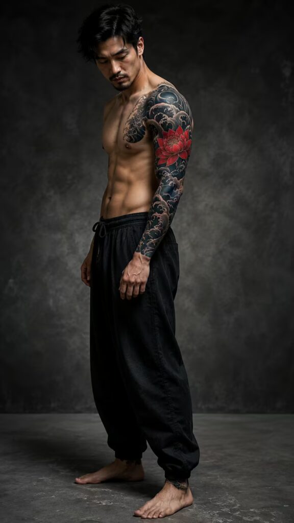 4. Japanese Irezumi Style Red Lotus Tattoo (Forearm Sleeve)