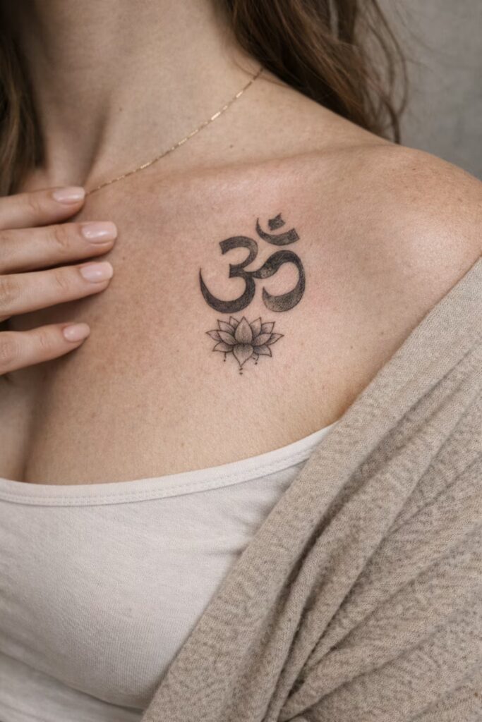 Om and Lotus Collarbone Deep Meaning Tattoo