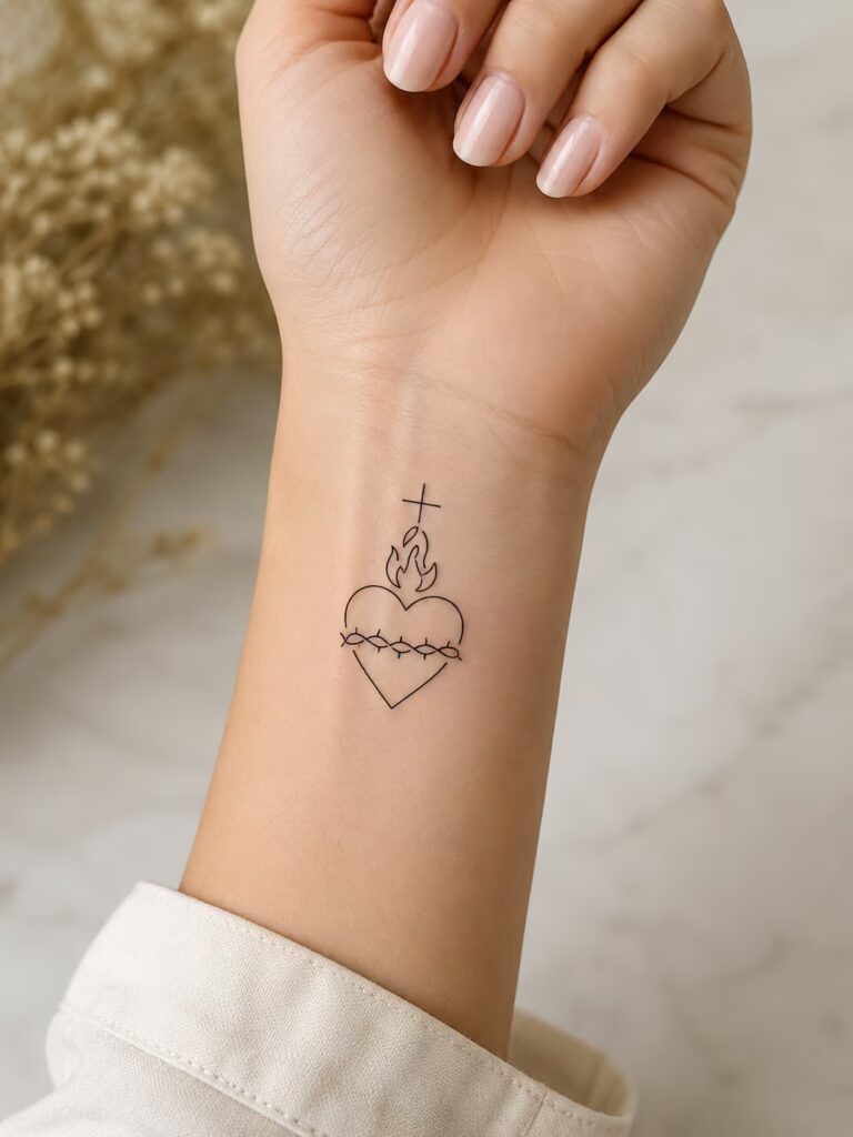 Sacred Heart Line-Work Christian Wrist Tattoo
