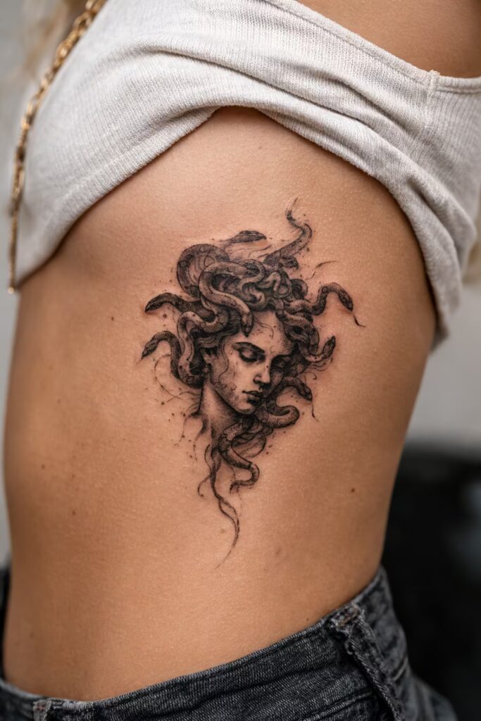 Side Body Medusa Portrait Deep Meaning Tattoo