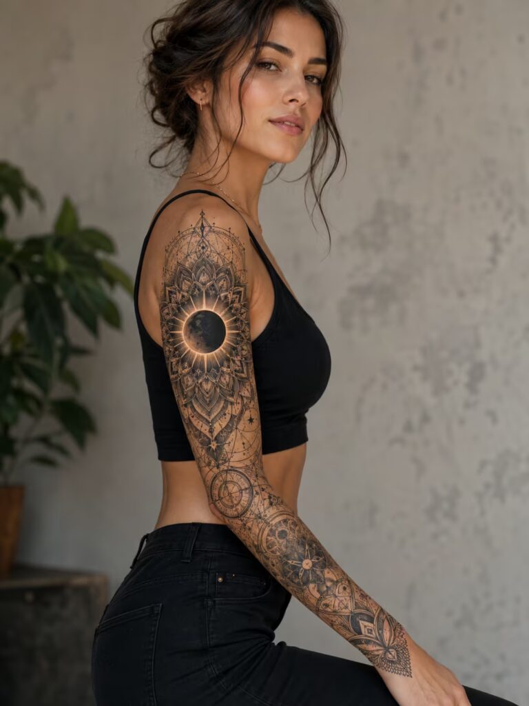 Solar Eclipse Mandala Deep Meaning Tattoo for Women