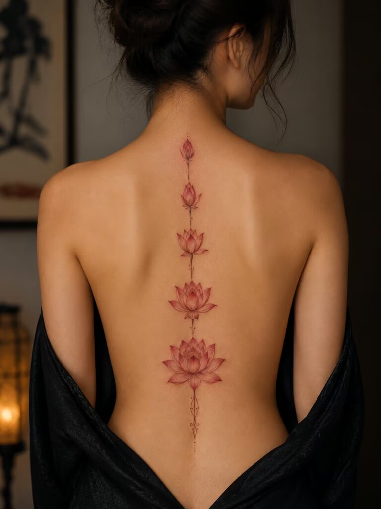Spine Vertical Flow Red Lotus Tattoo