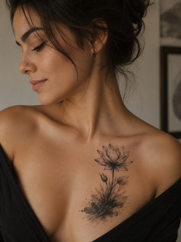 The Unfolding Lotus in Charcoal Deep Meaning Tattoo for Women