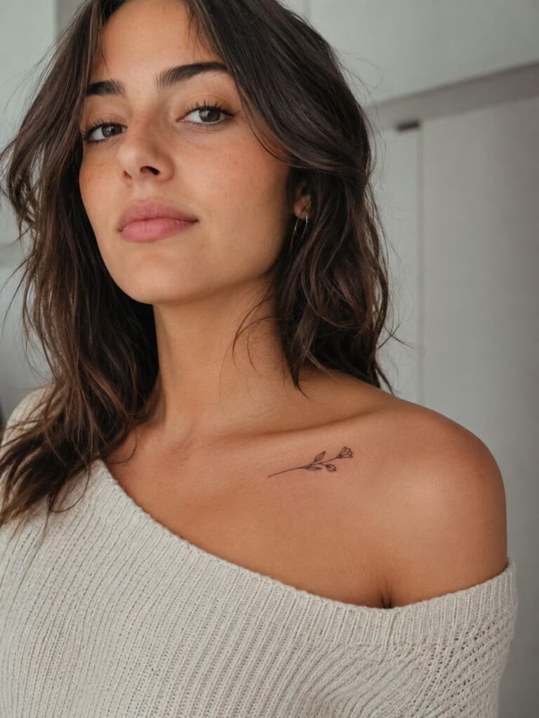 A Dainty Flower Stem With Two Buds on the Collarbone