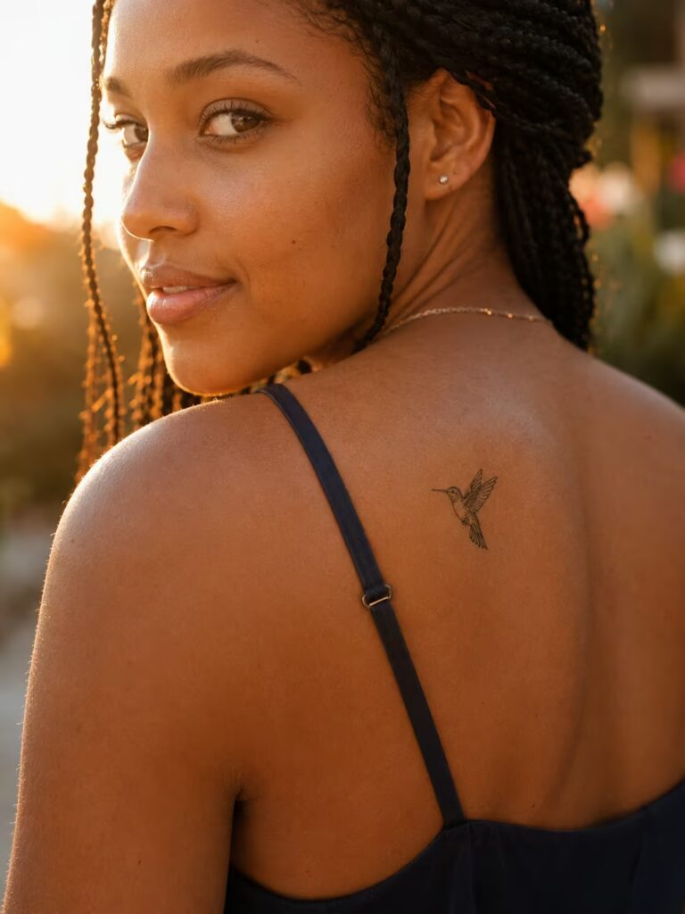 A Small Tattoo of a Tiny Hummingbird on the Upper Back