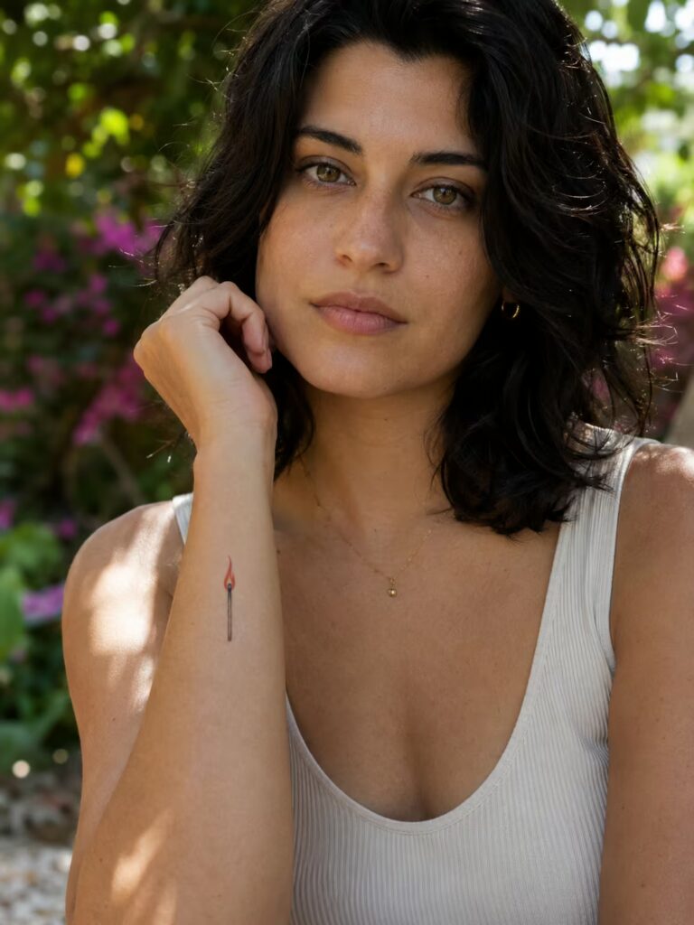A Tiny Matchstick With a Flame on the Inner Forearm