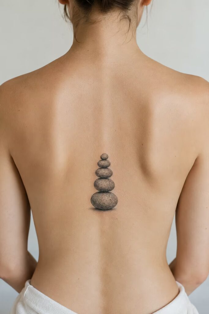 A balanced cairn of five stacked stones down the spine tattoo