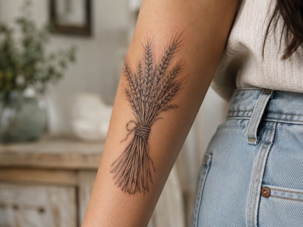 A bound sheaf of wheat tied with twine on the forearm