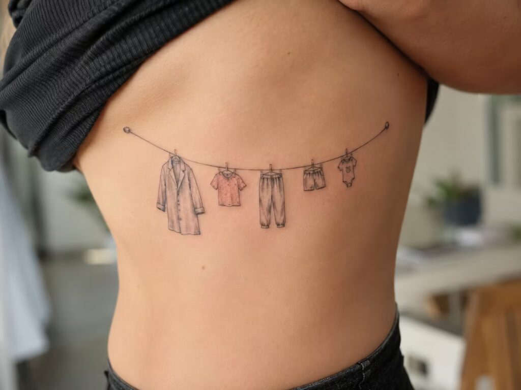 A clothesline of different-sized garments across the ribcage tattoo