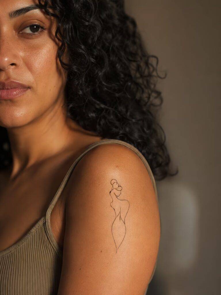 A continuous-line female silhouette on the upper arm for self-acceptance