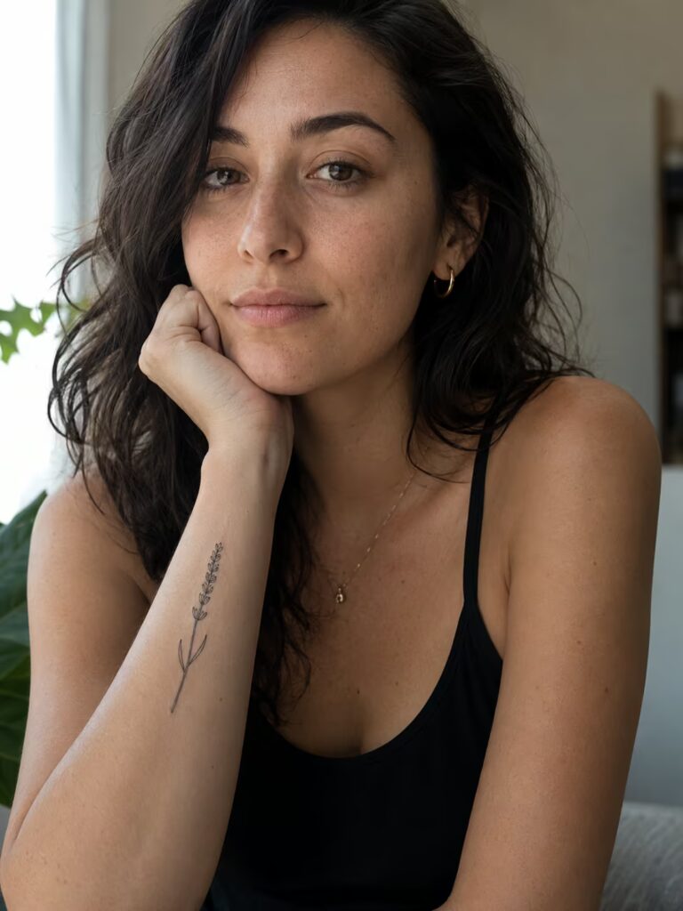 A delicate lavender sprig on the inner forearm for calm and self-restoration