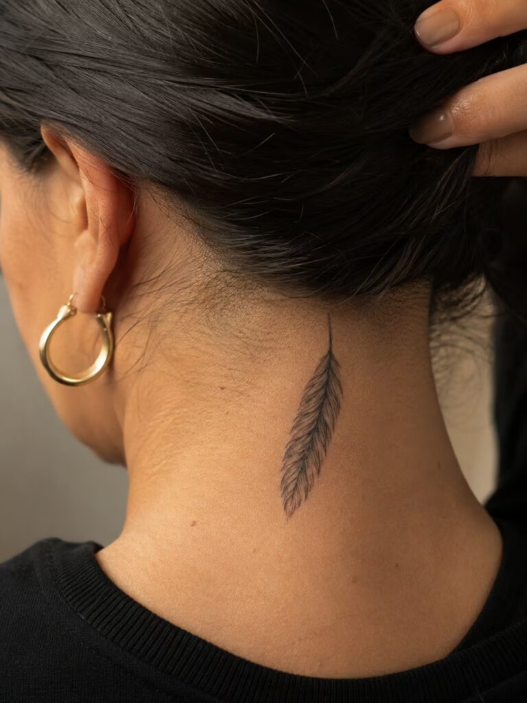 A detailed feather on the back of the neck for lightness and release