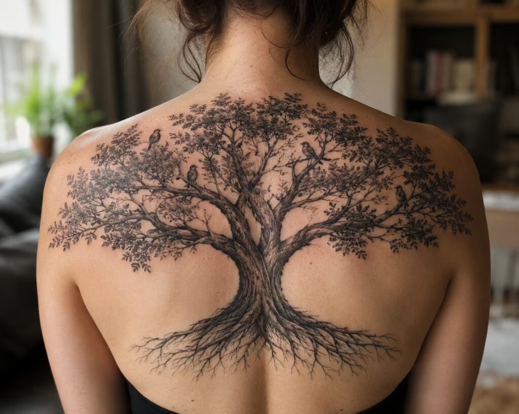 A detailed oak with perched birds covering the full back family tattoo