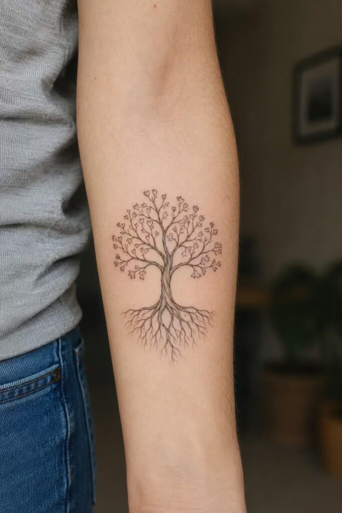 A fine-line family tree with heart-shaped leaves on the inner forearm family tattoo