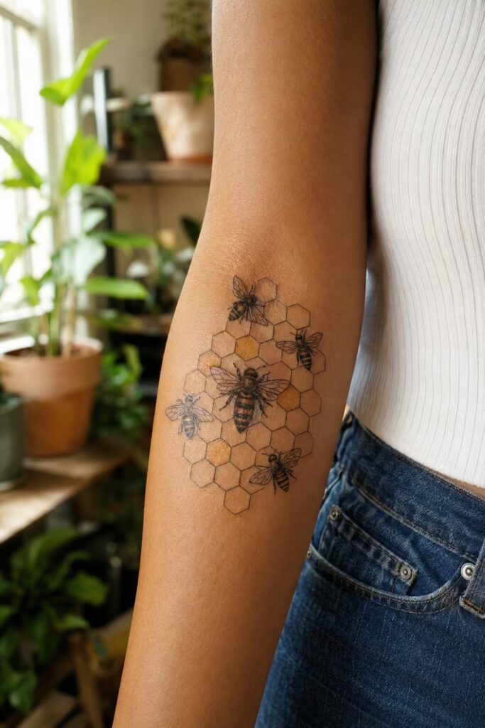 A honeycomb with worker bees and a queen on the inner forearm tattoo