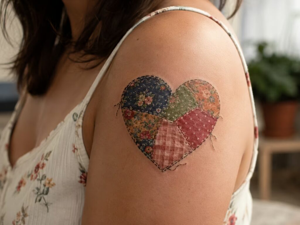 A patchwork quilt heart with visible stitching on the shoulder