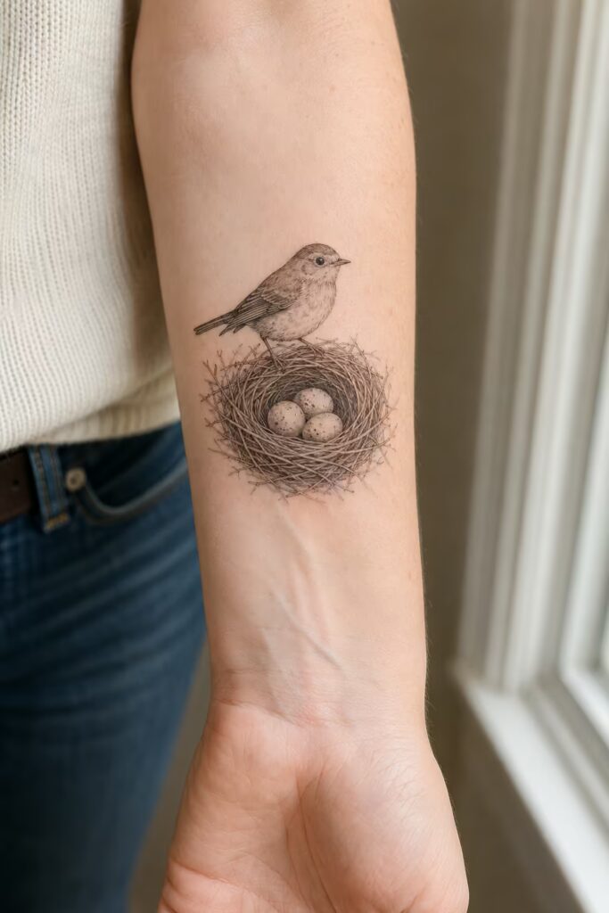 A robin perched on a nest of three eggs on the inner forearm tattoo