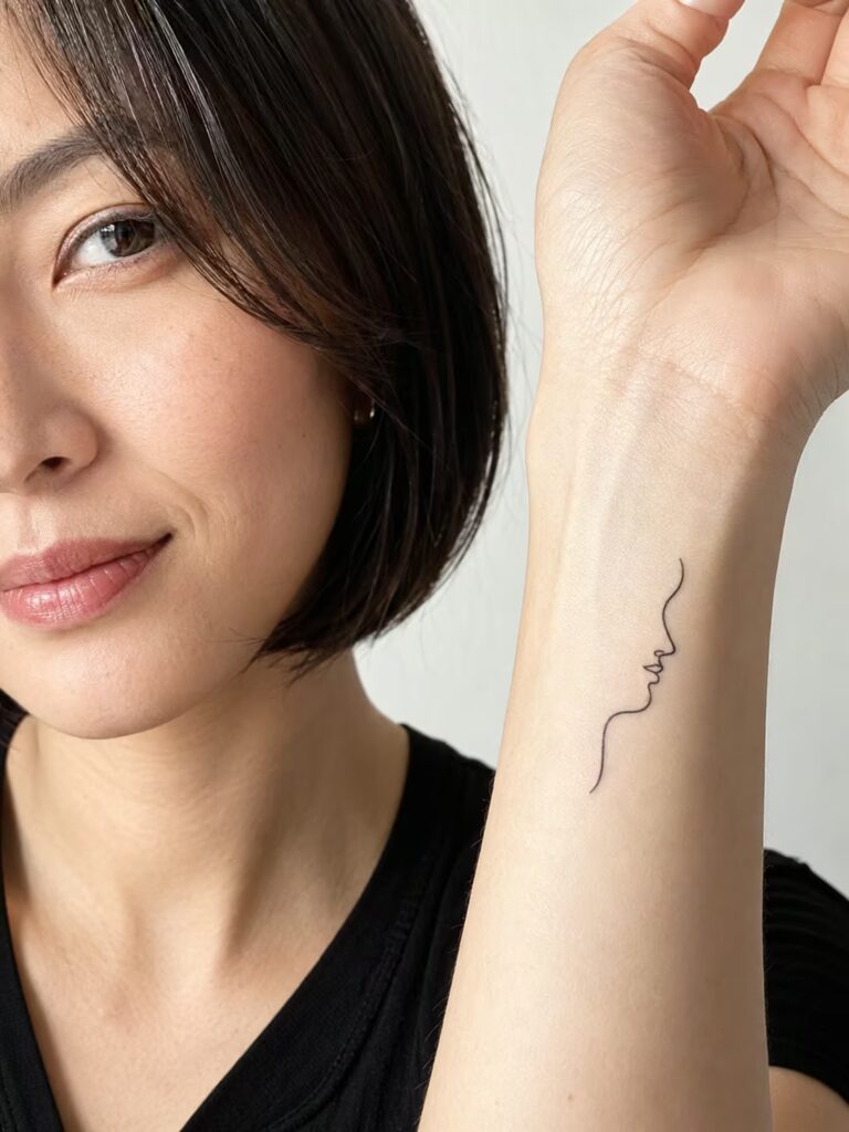 A single-line face profile on the inner wrist for identity and selfhood