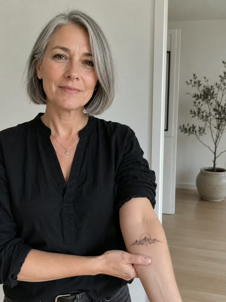 A small mountain range fine line tattoo with a sun arc on the inner forearm for perspective and resilience