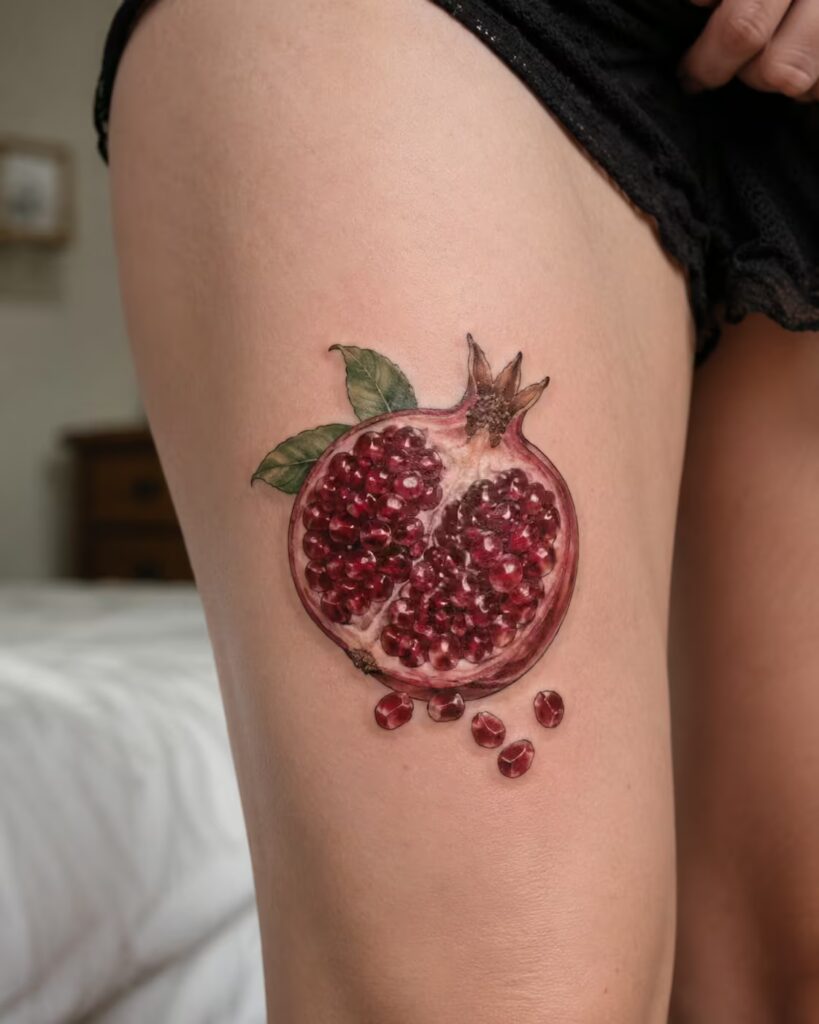 A split pomegranate spilling seeds on the outer thigh tattoo