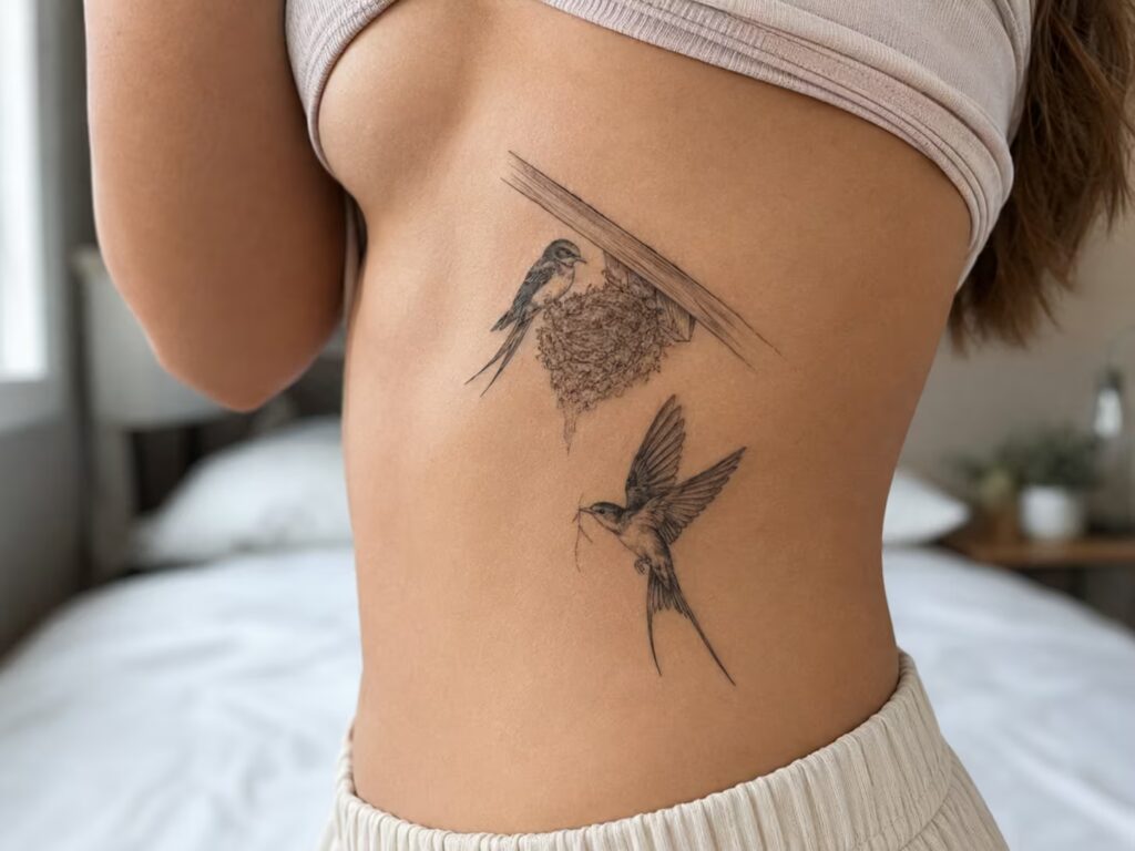 A swallow pair is building a nest under an eave on the ribcage tattoo