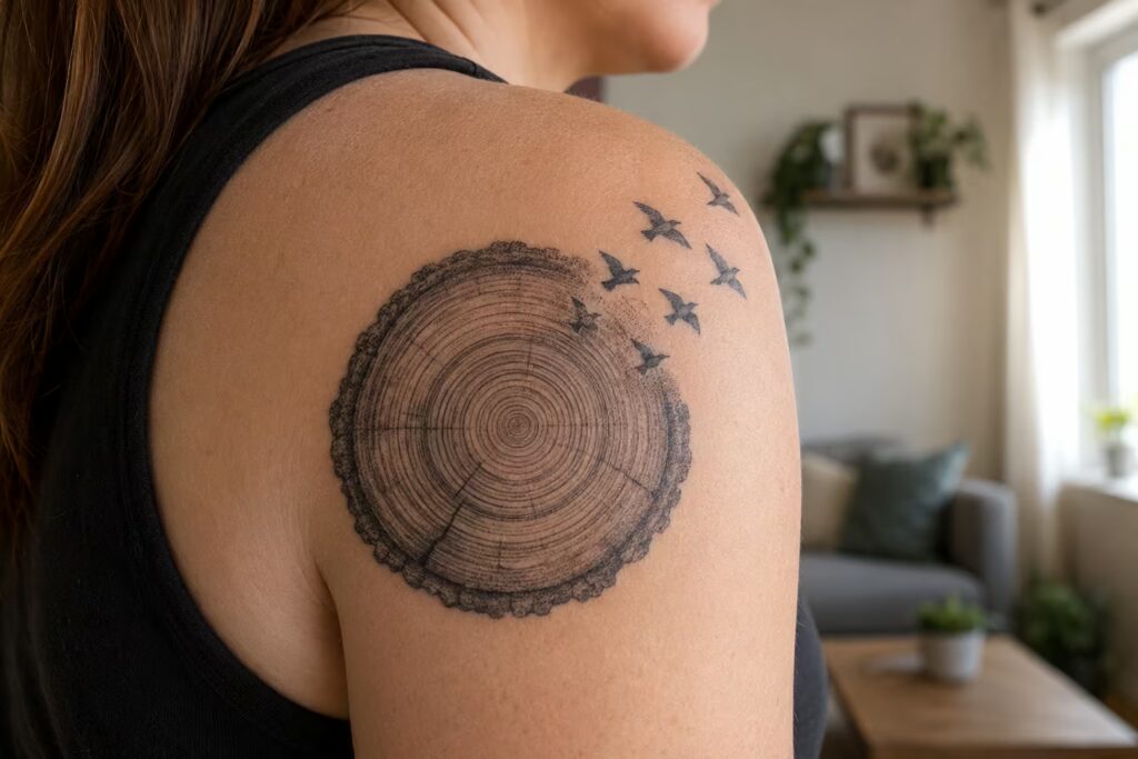 A tree-ring cross-section with birds taking flight on the shoulder tattoo
