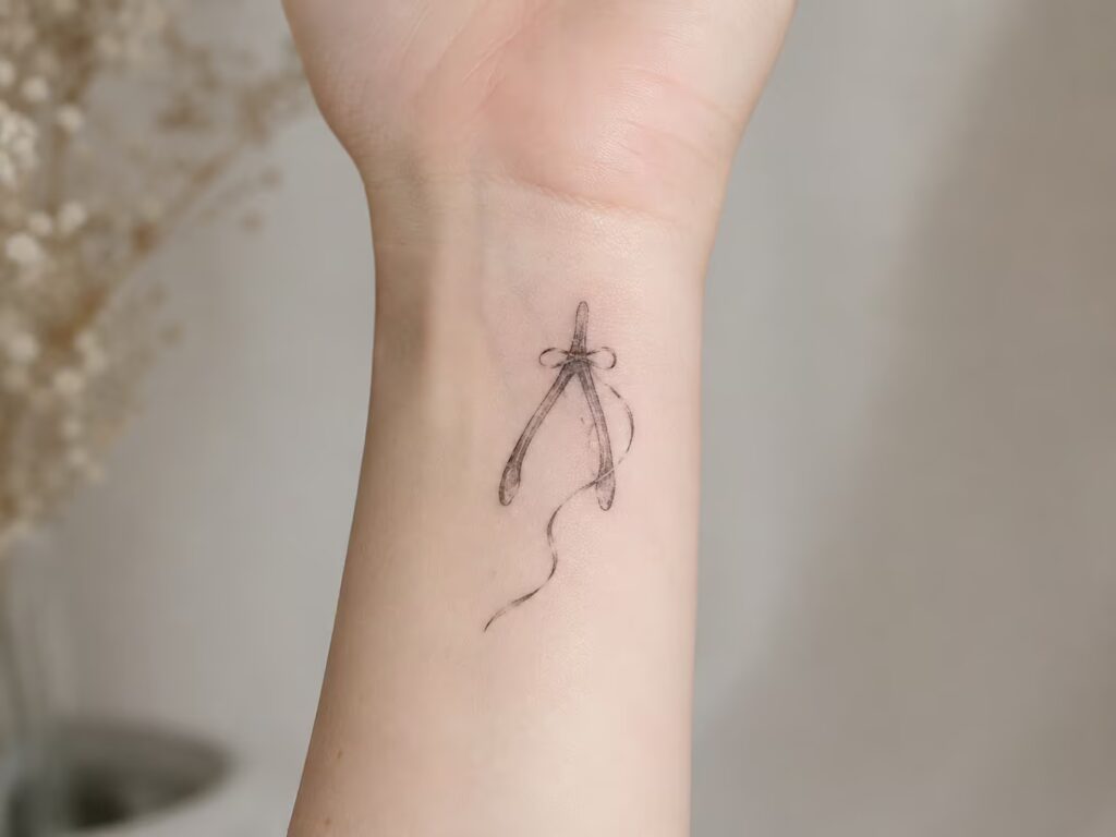 A wishbone tied with a trailing ribbon on the inner wrist family tattoo
