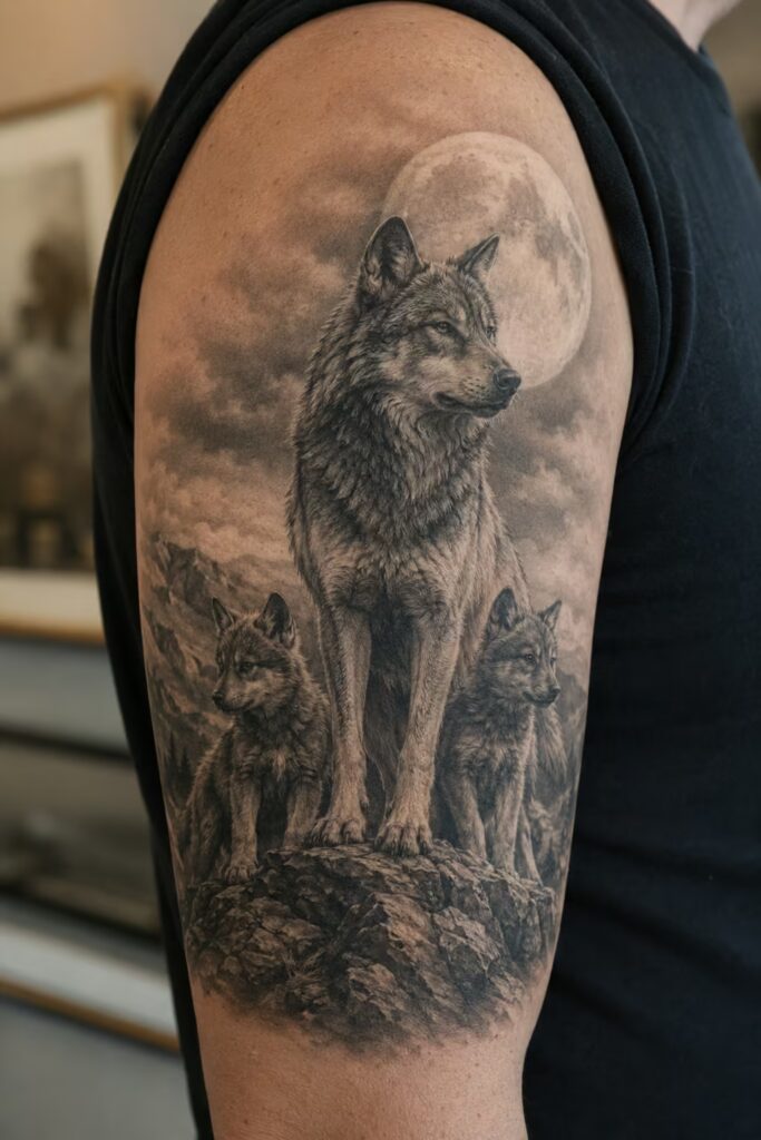 A wolf standing over two pups on a moonlit ridge on the upper arm