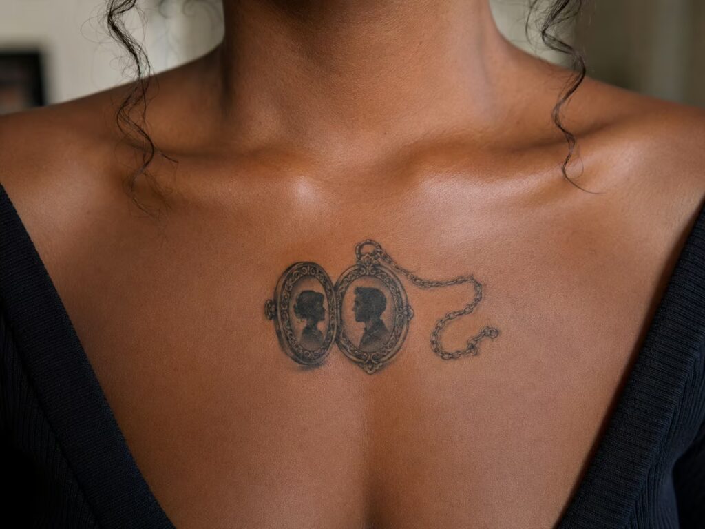 An open vintage locket with two facing silhouettes on the chest tattoo