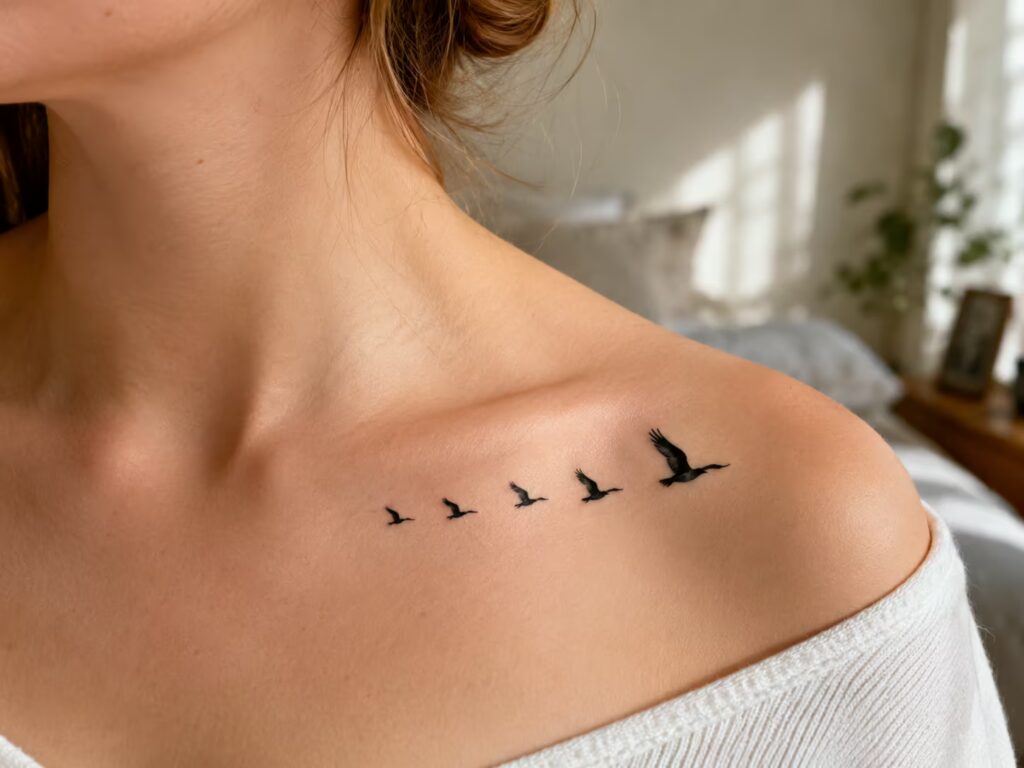 Five geese flying in formation across the collarbone tattoo