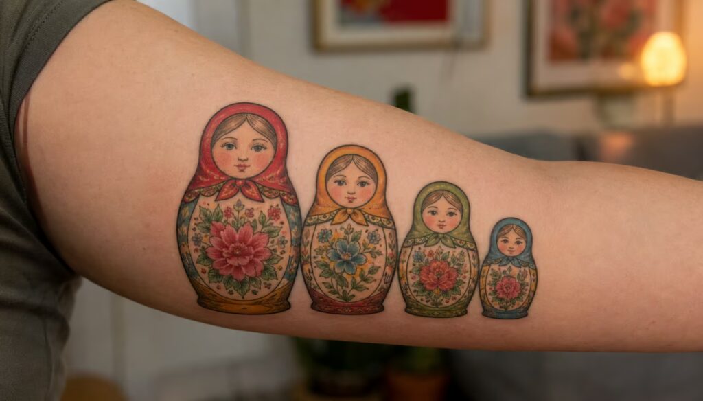 Four nesting dolls in descending size on the upper arm tattoo