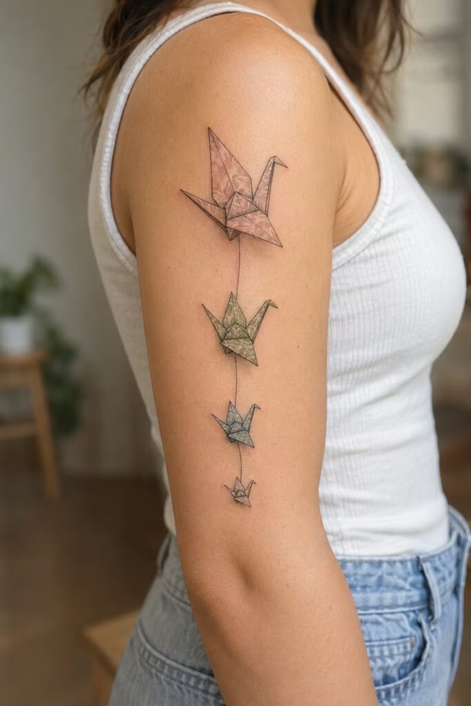 Four paper cranes strung in descending size on the upper arm