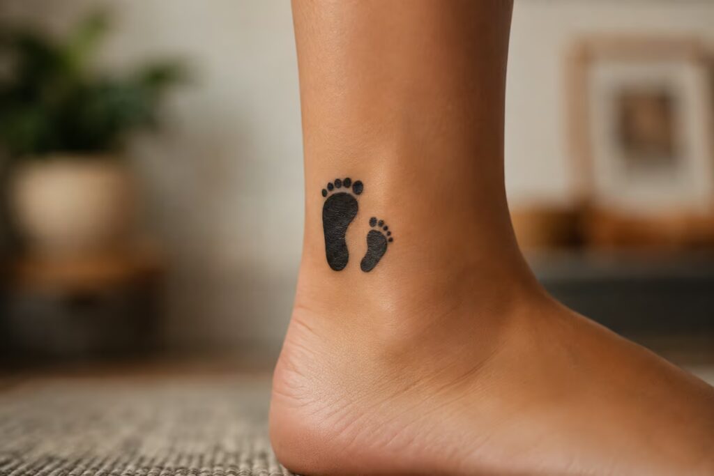One large and one small footprint side by side on the ankle tattoo