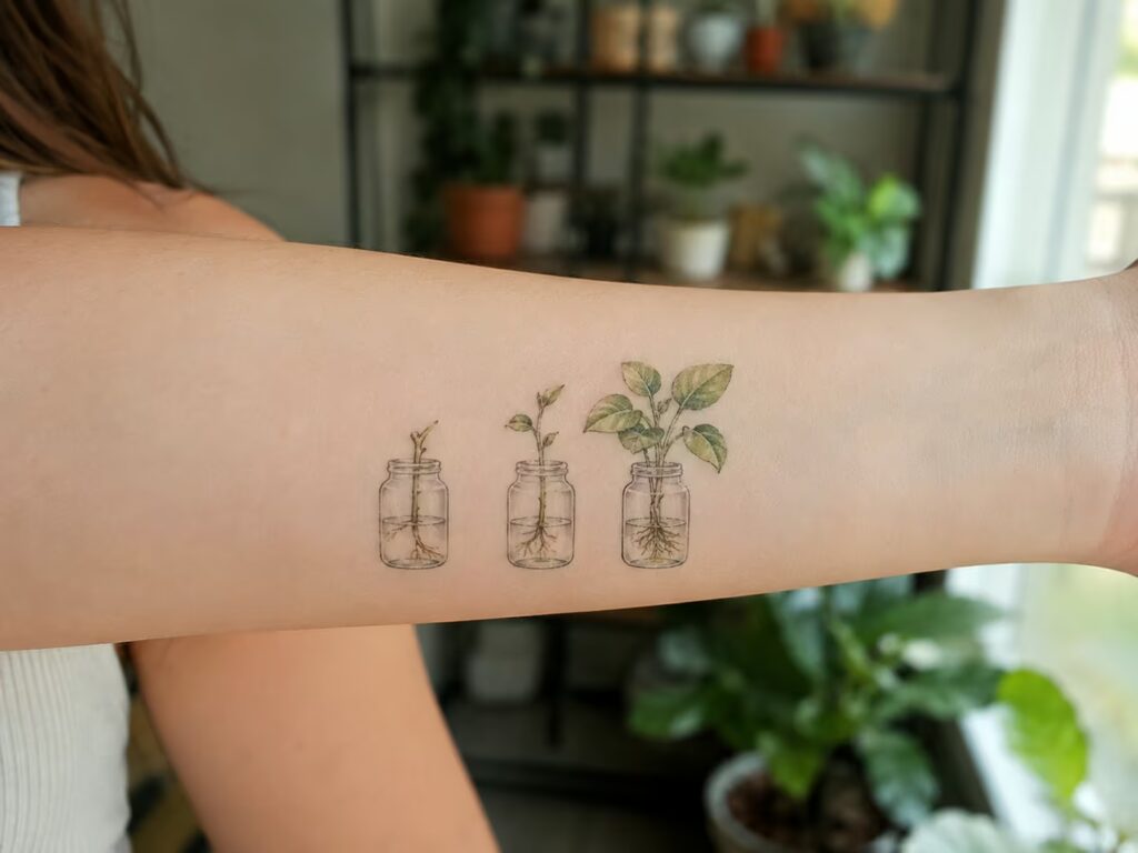 Three propagation jars with rooting cuttings on the inner forearm