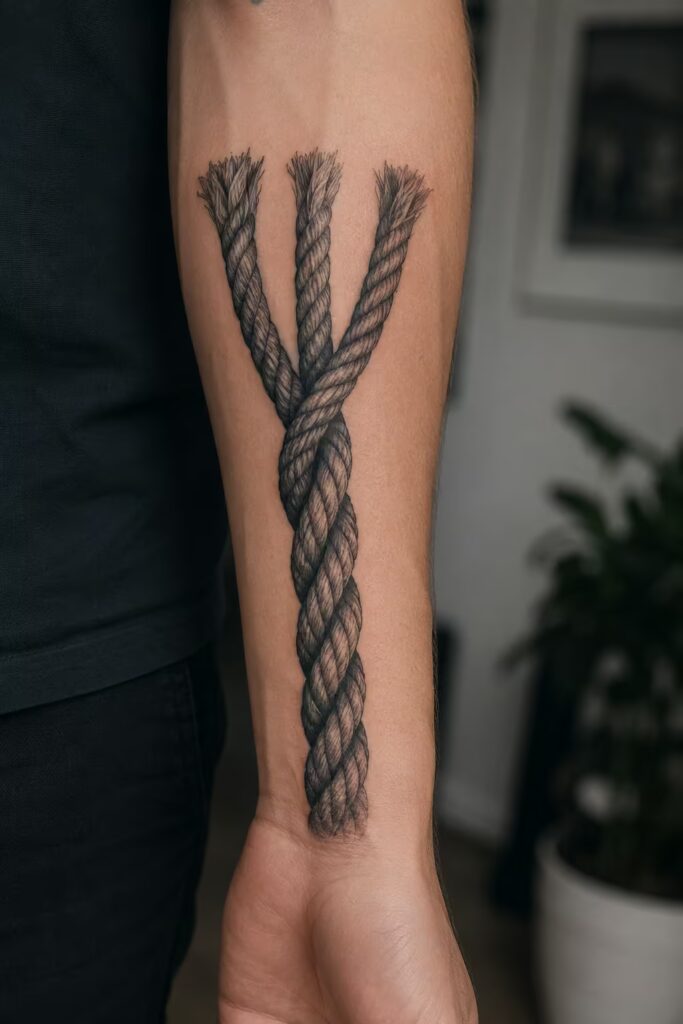 Three rope strands braiding into one cord down the forearm tattoo