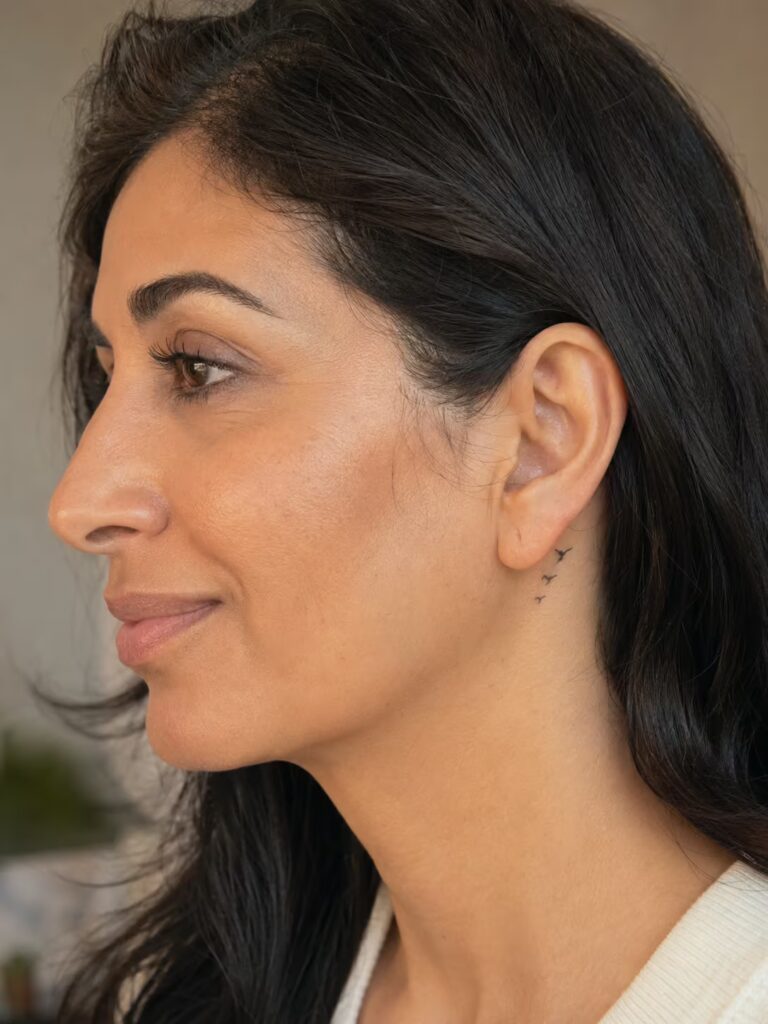 Three small birds in flight behind the ear for freedom and forward motion