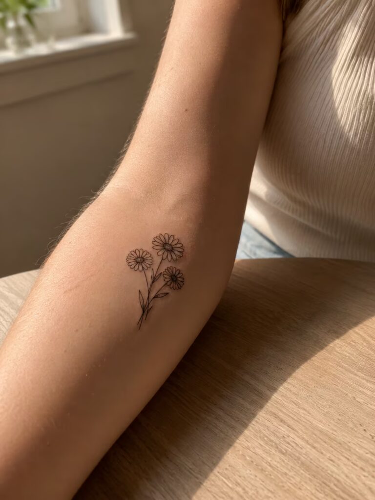 A Small Bestie Tattoo of Three Daisies on One Stem on the Inner Arm