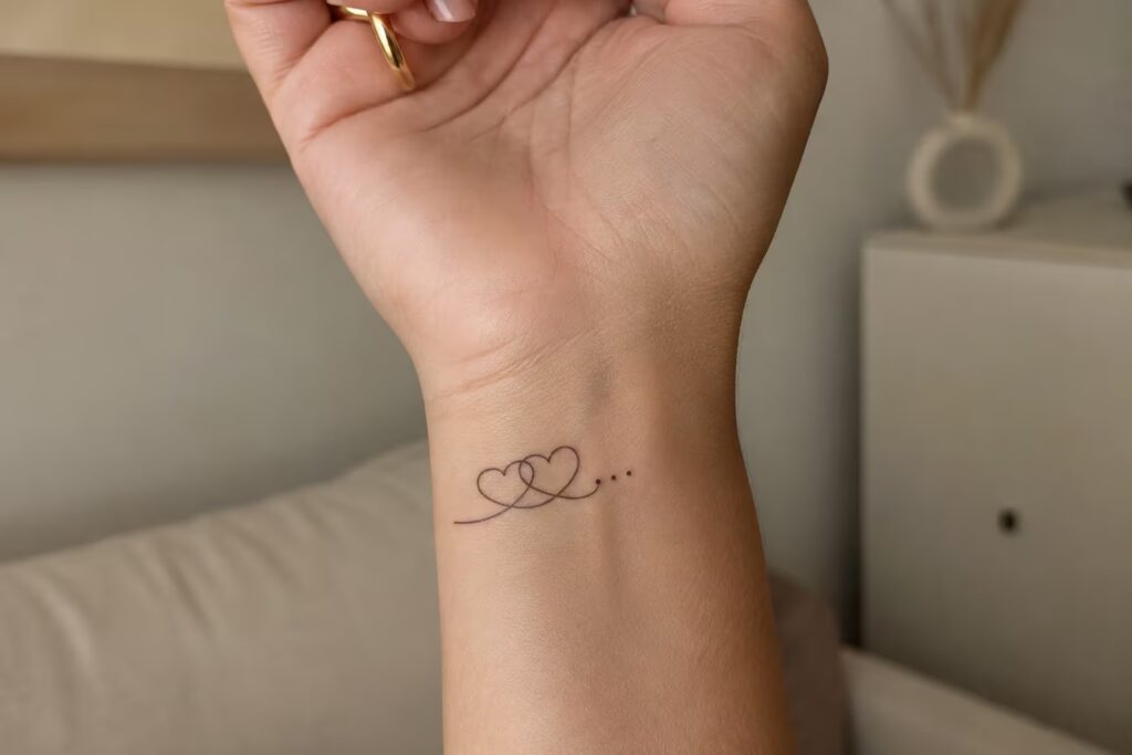 Two linked hearts trailing into three dots on the inner wrist tattoo