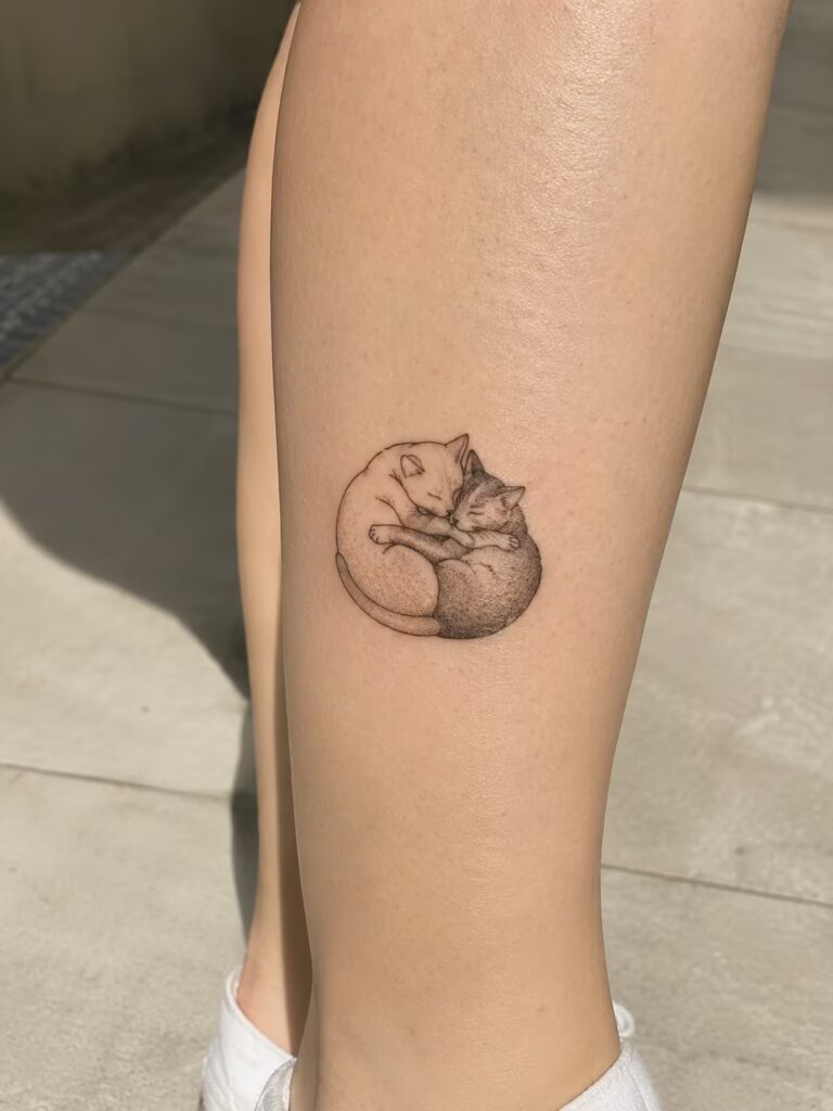 A Small Bestie Tattoo of Two Cats Curled Together on the Calf
