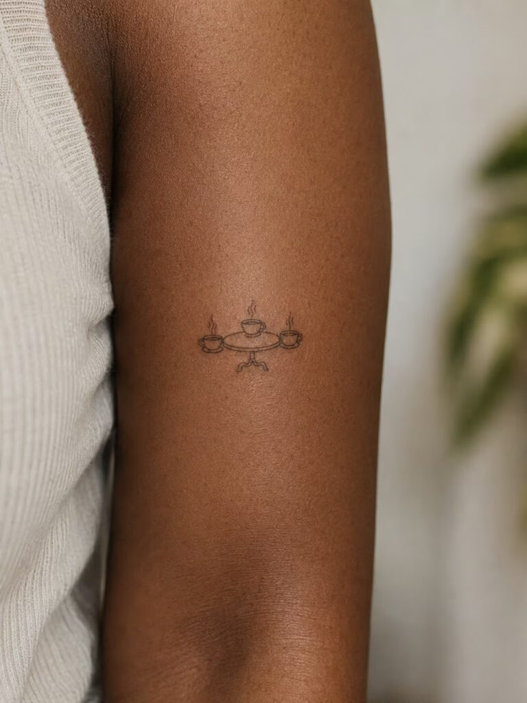 A Small Bestie Tattoo of Three Teacups Around a Table on the Upper Arm