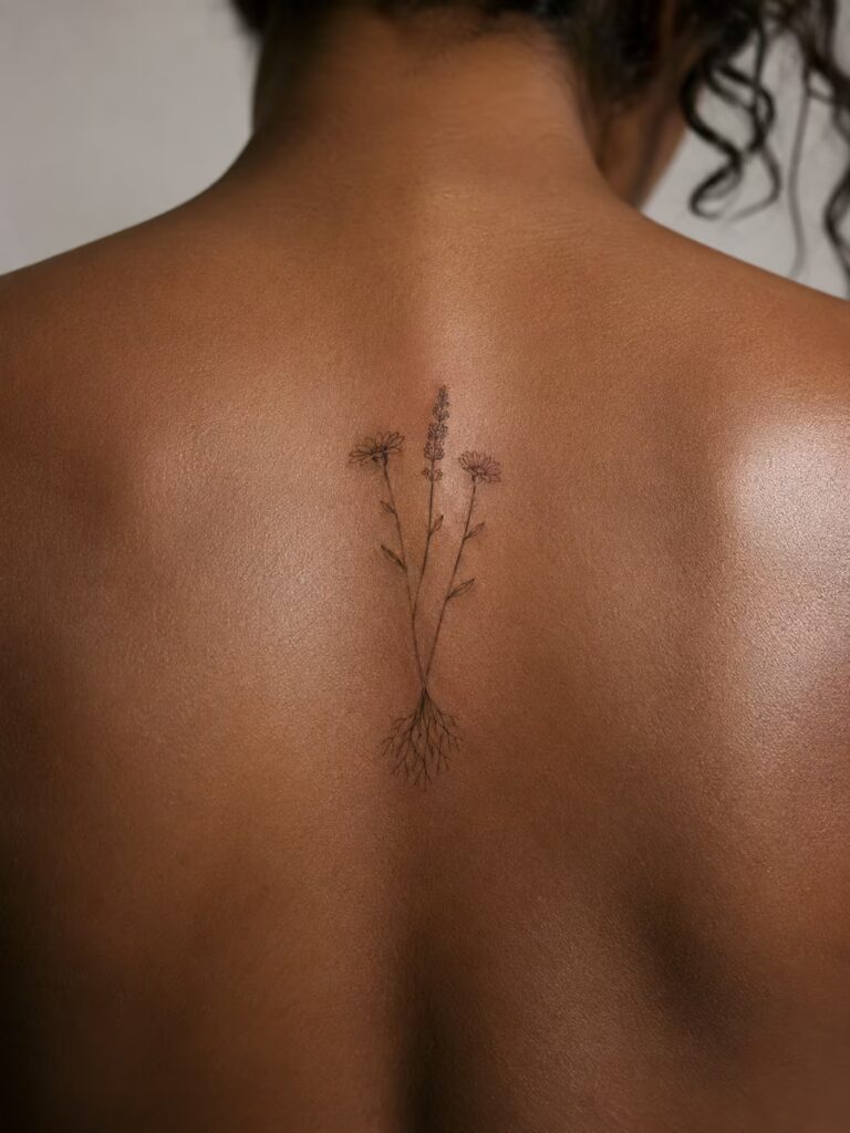 A Small Bestie Tattoo of Three Flowers from One Root on the Upper Back