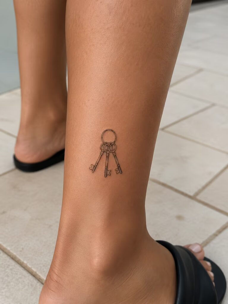 A Small Bestie Tattoo of Three Keys on One Ring on the Lower Leg