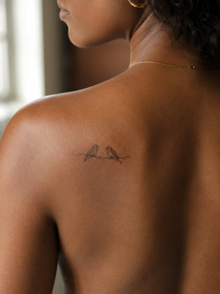 A Small Bestie Tattoo of Two Birds on One Branch on the Shoulder Blade